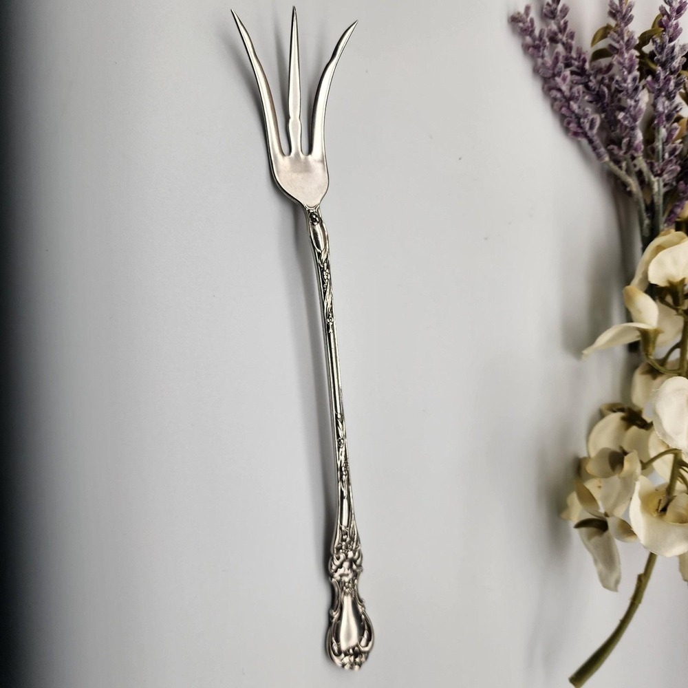 Silver serving fork by R. Wallace 1835 A1 Blossom pattern 8.75" long Pickle Meat